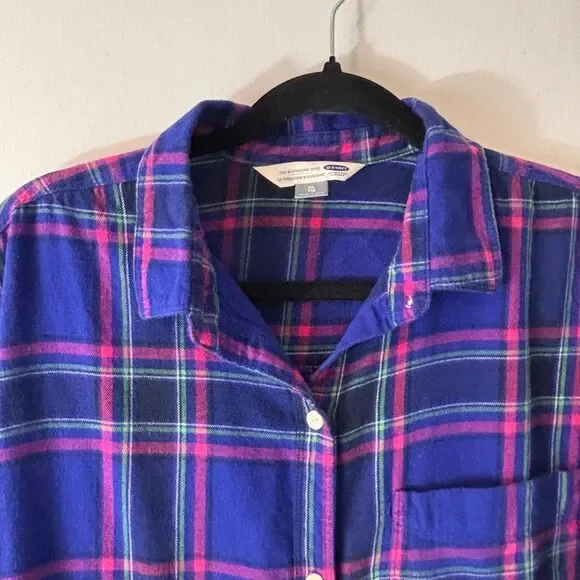 Old Navy The Boyfriend Shirt XL blue & pink plaid soft flannel cotton 1 pocket b - Picture 2 of 9